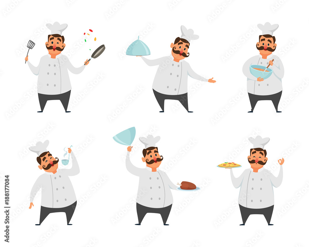 Poster funny characters of chef in action poses. vector illustrations in cartoon style