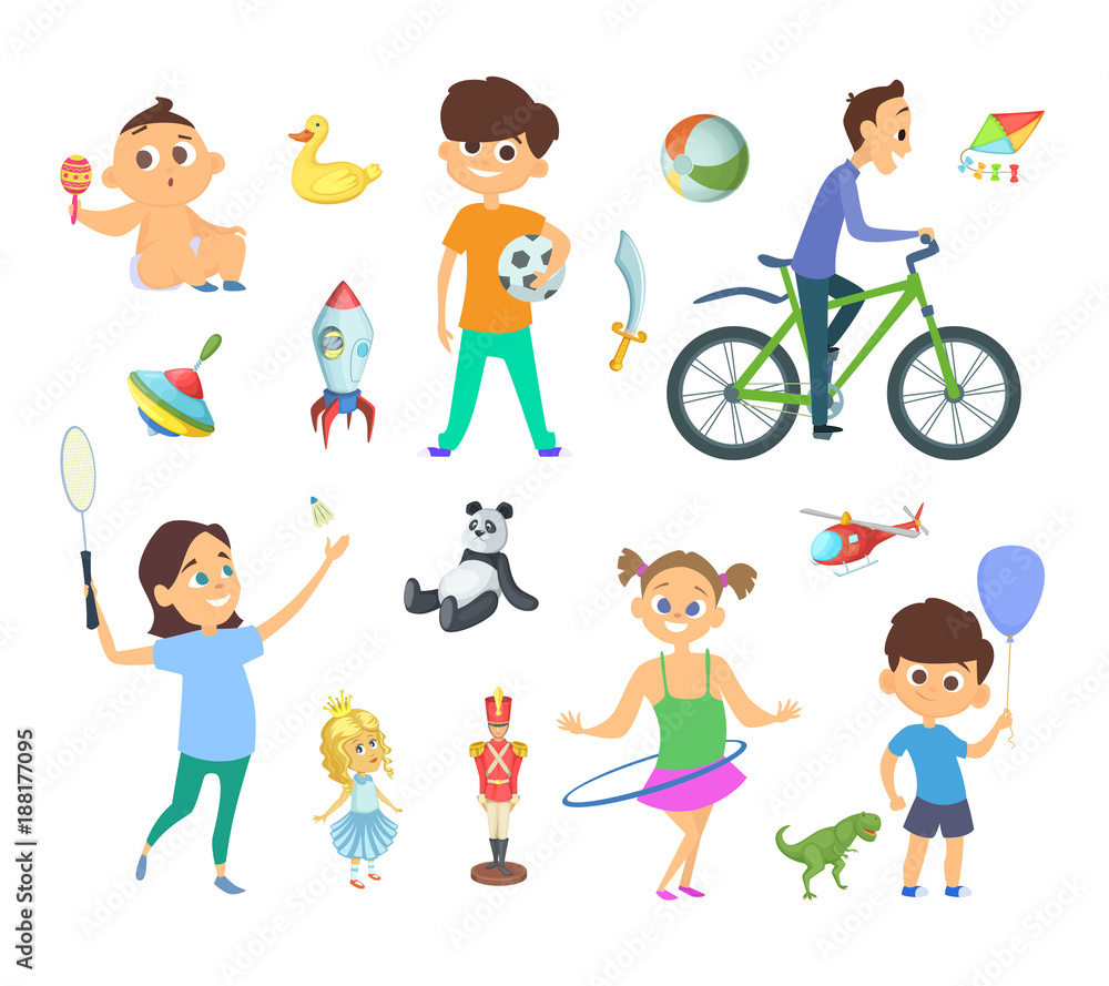 Poster children playing at different games and toys. vector characters set in cartoon style