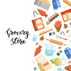 Vector cartoon cooking ingridients or groceries background illustration with lettering