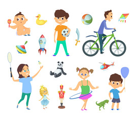 Children playing at different games and toys. Vector characters set in cartoon style