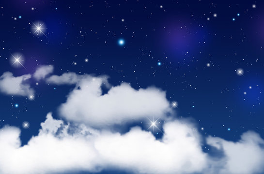 Blue night sky with white clouds and shiny stars
