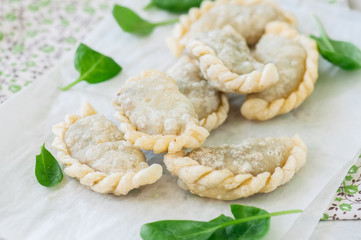 Fried savory pasties - hand pies with spinach on a white background. Top view and copy space.