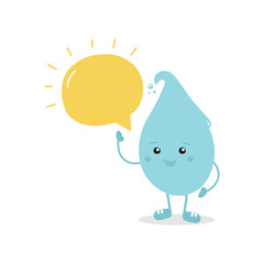 Cute cartoon water drop character with bright yellow speech bubble, template for drink and hydration advice for kids and adults.