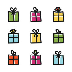 Set, collection of nine colorful doodle gift boxes, gifts, packages icons isolated on white background.

