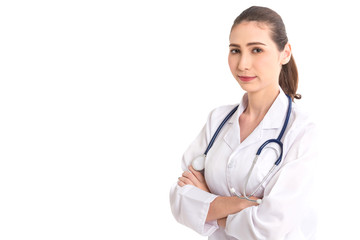 Fototapeta premium Portrait of medical female doctor isolated on white background
