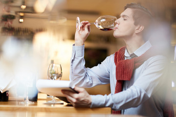 Modern sommelier wine tasting and estimating characteristics of red wine