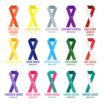 Set of cancer ribbons in different colours with a needle pin. World awareness day. Medical concept. Vector illustration on white background.
