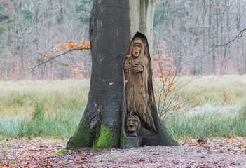 Spooky old carving in a tree