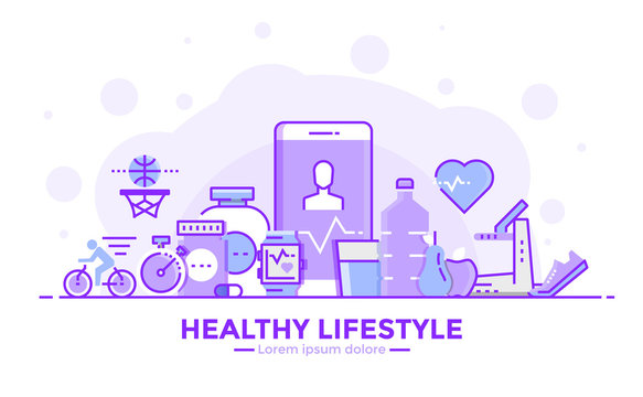 Flat Line Purple color Modern Concept Illustration - Healthy lifestyle