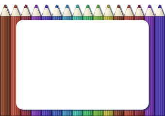 Blank white frame on background with set of cute cartoon colored pencils. Album orientation.
