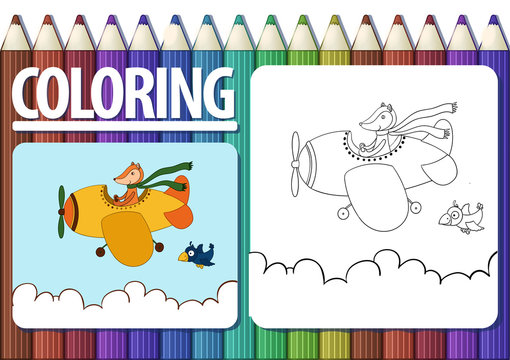 Page of coloring book with contour cartoon illustration and colorful example. Cute fox pilot flying by airplane.