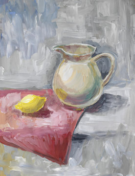 Still life with a white jar and lemon