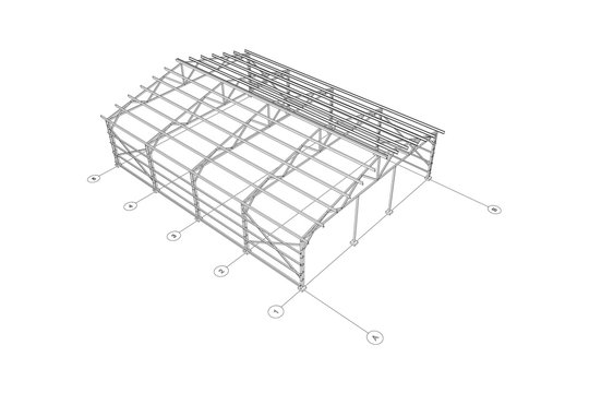 3D steel frame of a industrial building. Vector architectural blueprint.