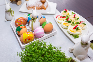 Traditional easter breakfast table with decorated eggs
