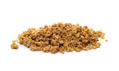 Crunchy granola, muesli pile with peanuts isolated on white background