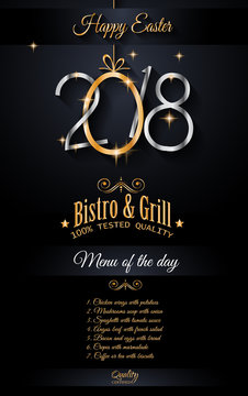 Restaurant menu template for 2018  Easter lunch or Dinners with golden eggs and text
