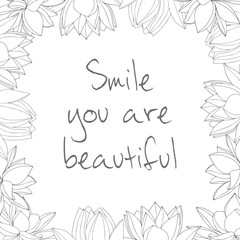 Square frame with hand drawn flowers, black and white,  