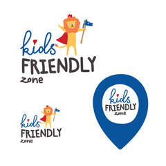 A sign of the territory intended or safe for children. Logo with a lion king. Geo tag of a child s place. Children s drawing style.