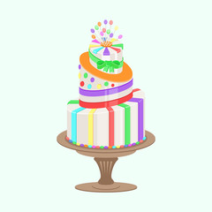 Big colorful cake on a stand isolated on a light background. Vector illustration.