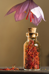 Dried saffron spice and Saffron flower