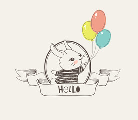 Hand drawn logo or badge with cute little bunny dressed in striped t-shirt holding colorful balloons inside round frame and elegant ribbon with Hello inscription. Vector illustration in vintage style.