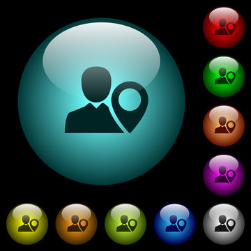 User location icons in color illuminated glass buttons