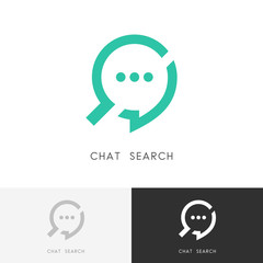 Chat search logo - dialogue or message and loupe or magnifier symbol. Business, conversation and discussion vector icon.