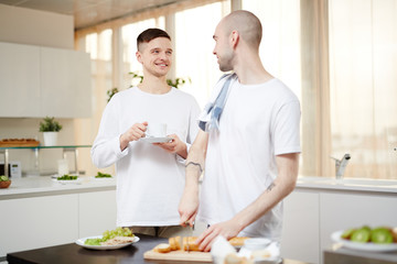 Homosexual couple having talk while cooking breakfast at home