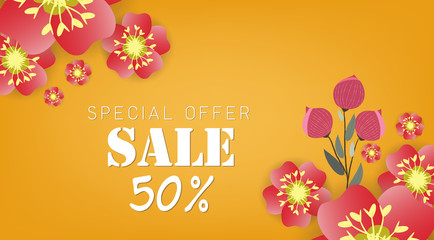 Spring sale banner with paper flowers on a yellow background. Vector illustration. Banner perfect for promotions, magazines, advertising, web sites