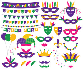 Mardi Gras decoration and design elements set - obrazy, fototapety, plakaty