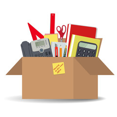 Office accessories in a cardboard box. "Moving to the new office" concept. There is a calculator, a telephone, folders, scissors, a ruler, a pen, a pencil and other stationery in the picture. Vector 
