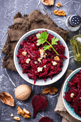 Healthy vegan beetroot salad with walnuts 