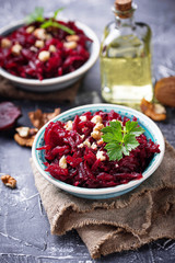 Healthy vegan beetroot salad with walnuts 