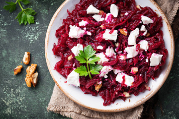 Healthy beetroot salad with feta and walnuts