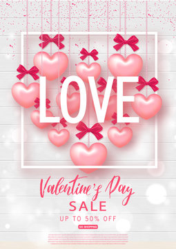 Valentines day sale banner. Beautiful Background with Realistic Hearts on Wooden Texture. Vector illustration for website , posters, email and newsletter designs, ads, coupons, promotional material.