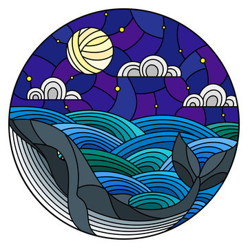 Illustration in stained glass style whale into the waves, starry sky,moon  and clouds, round image