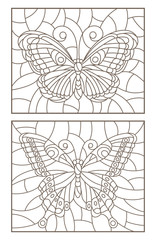 Contour set of illustrations of stained glass with butterflies , dark outline on a white background