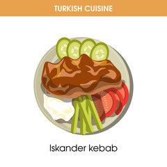 Tasty Iskander kebab with vegetables from Turkish cuisine