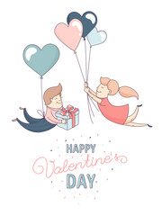 Happy Valentine's Day greeting card Cute funny boy and girl, man and woman, couple in love romantic characters flying heart shape balloons. Flat line design. Vector illustration.