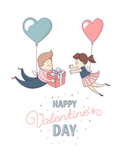 Happy Valentine's Day greeting card Cute funny boy and girl, man and woman, couple in love romantic characters flying heart shape balloons. Flat line design. Vector illustration.