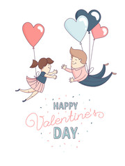 Happy Valentine's Day greeting card Cute funny boy and girl, man and woman, couple in love romantic characters flying heart shape balloons. Flat line design. Vector illustration.