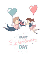 Happy Valentine's Day greeting card Cute funny boy and girl, man and woman, couple in love romantic characters flying heart shape balloons. Flat line design. Vector illustration.