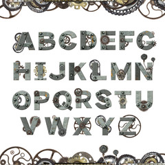 Alphabet - letters from rusty metal with machine gears and cogwheel