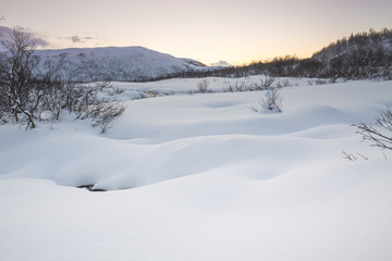 Fototapeta na wymiar Water stream with rocks in a winter landscape in twilight.
