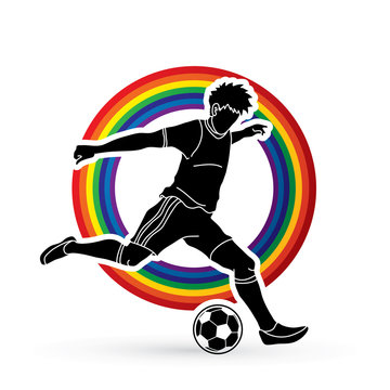Soccer player running and kicking a ball action designed on line rainbows background graphic vector