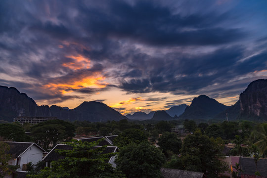 Viewpoint and beautiful Landscape in sunset at Vang Vieng, Laos.
