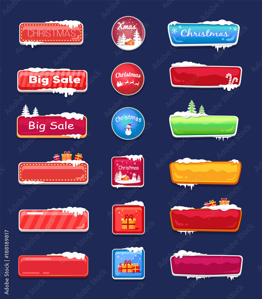 Poster set of winter theme web push button covered snow