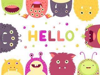 Frame with cute funny inquisitive monsters