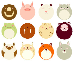 Naklejka premium Zestaw ikon okrągłych awatarów z twarzami uroczych zwierzątek