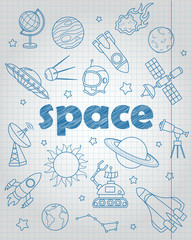 Set of contour icons on the subject of space flight and astronomy, blue  contour  icons on the  writing-book sheet in a cage